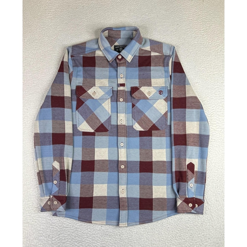 Born Primitive Shirt Mens Small Blue Plaid Long Sleeve Stretch Flannel Button Up